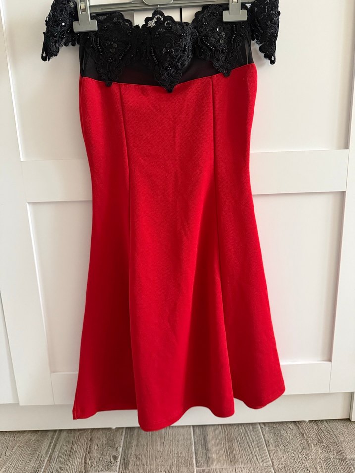 Drapeli Straplez Kırmızı Gotik Midi Elbise - Görsel 2
