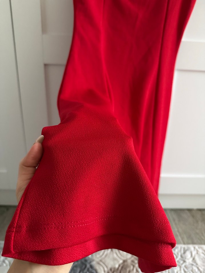 Drapeli Straplez Kırmızı Gotik Midi Elbise - Görsel 3