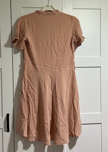 Bej Keten Midi Düğmeli Rahat Elbise - Görsel 3