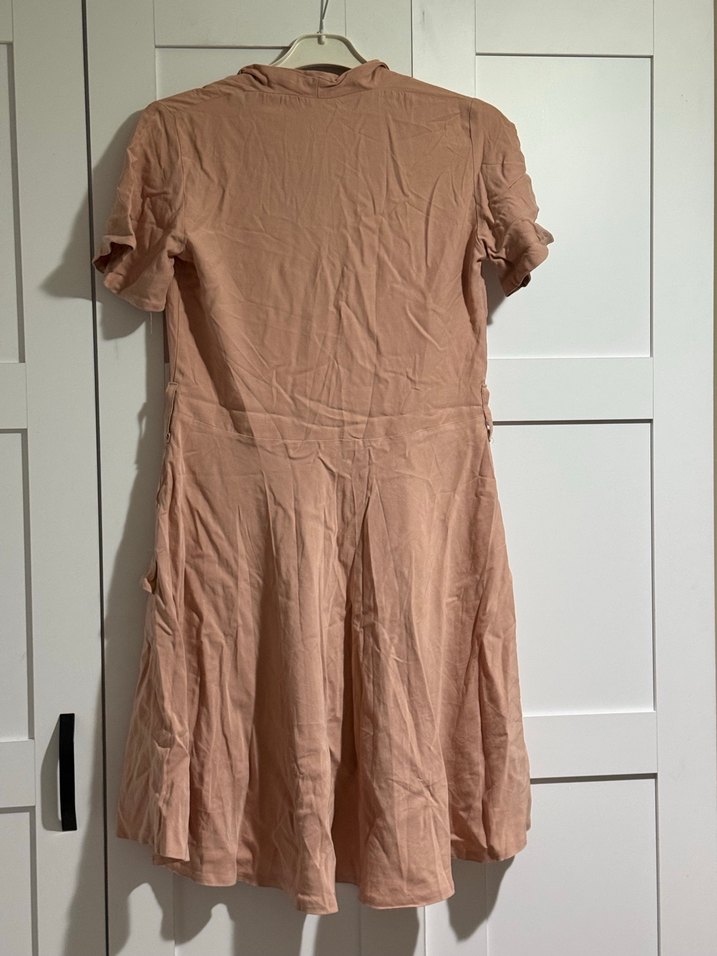 Bej Keten Midi Düğmeli Rahat Elbise - Görsel 3