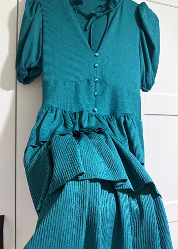 Kadın Turkuaz Midi Fırfırlı V Yaka Elbise - Görsel 2