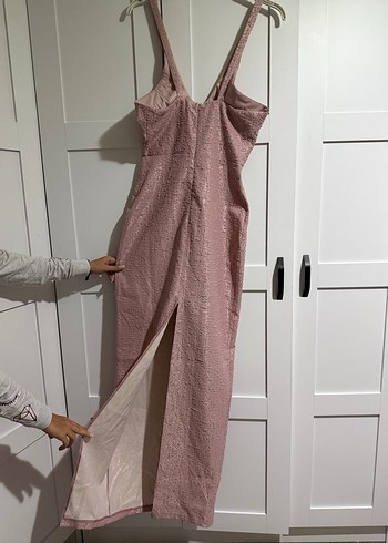 Pembe Baskılı Yırtmaçlı Kadın Elbise - Görsel 5