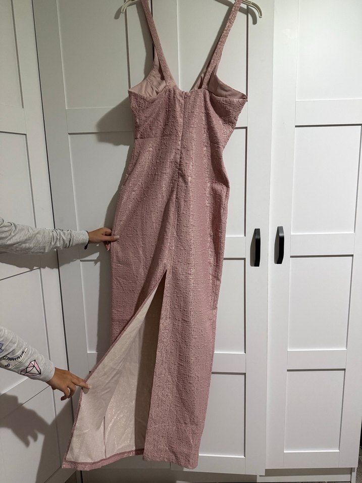 Pembe Baskılı Yırtmaçlı Kadın Elbise - Görsel 5