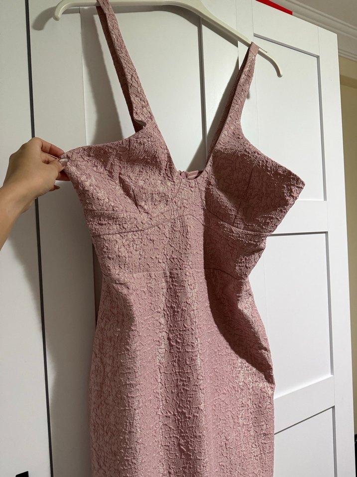 Pembe Baskılı Yırtmaçlı Kadın Elbise - Görsel 3