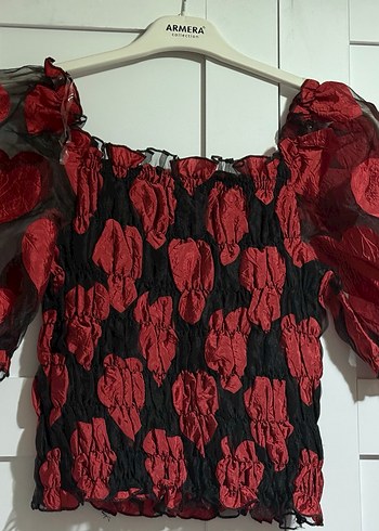 Kırmızı Siyah Fırfırlı Straplez Bluz - Görsel 4