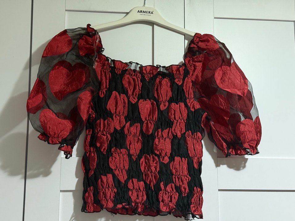 Kırmızı Siyah Fırfırlı Straplez Bluz - Görsel 4