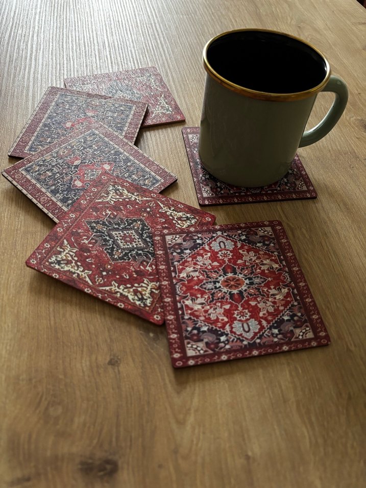 Bordo İşlemeli Geleneksel Halı baskılı bardak altlığı - Görsel 2