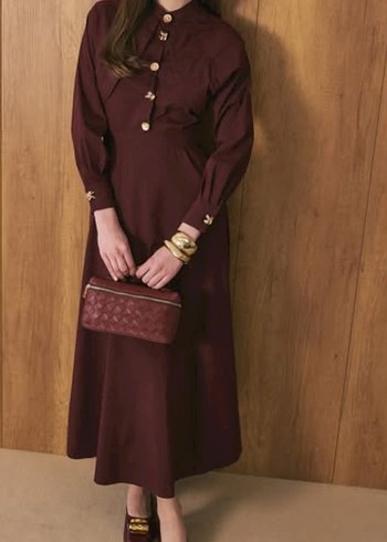 Bordo Uzun Kollu Kadın  Elbisesi - Görsel 3