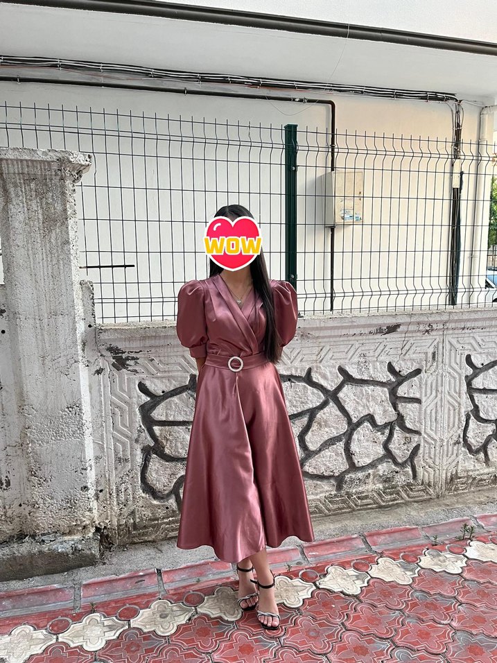 Pembe Parlak Saten Kemerli Uzun Elbise - Görsel 3