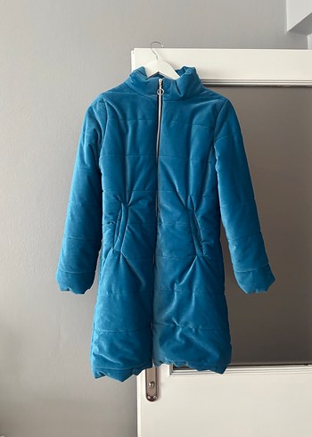 Uzun Kollu Mavi Kadın Kışlık Uzun Mont - Görsel 5