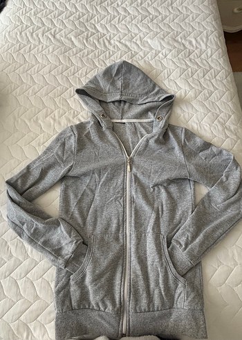 Gri Kapüşonlu Fermuarlı Kadın Sweatshirt - Görsel 2