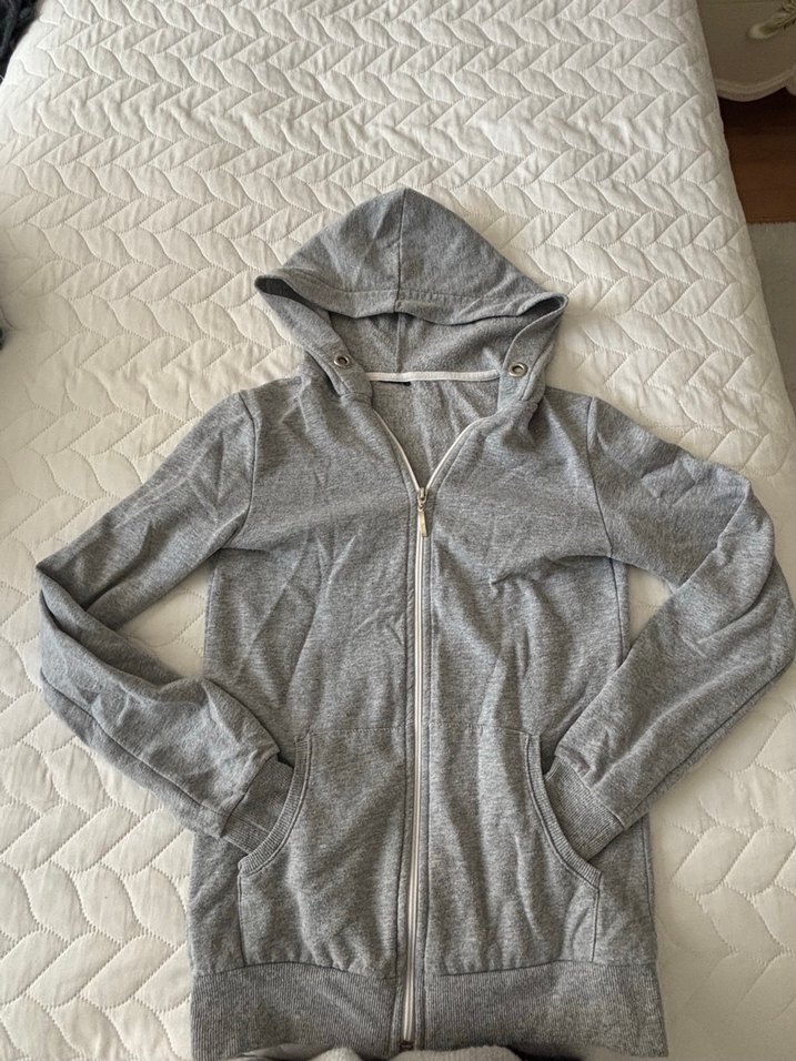 Gri Kapüşonlu Fermuarlı Kadın Sweatshirt - Görsel 2