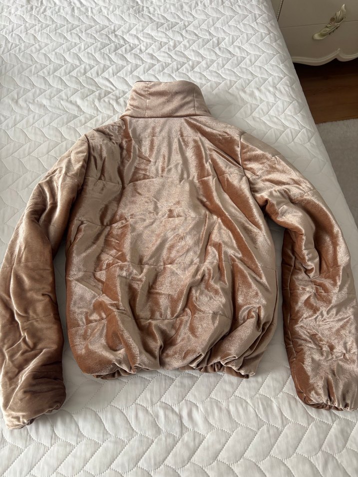 Kadın Bej Parlak Kadife Kışlık Mont - Görsel 2