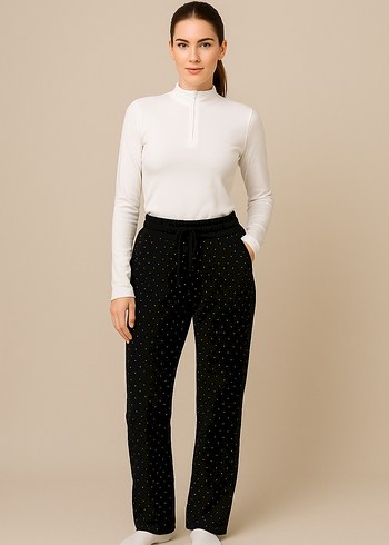 Taşlı Siyah Desenli Rahat Kesim Pantolonu - Görsel 2