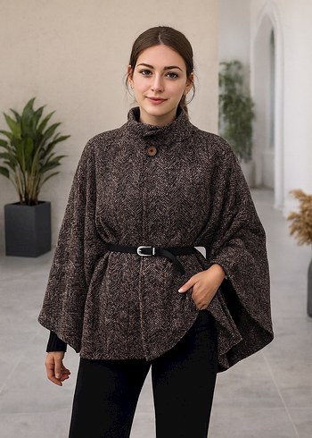 Kemerli Kahverengi Yün Kadın Panço - Görsel 2