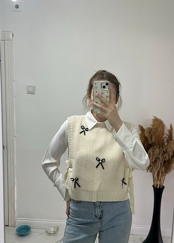 Nakışlı Beyaz Kadın Triko Süveter - Görsel 5