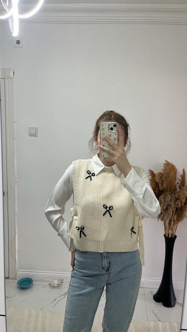 Nakışlı Beyaz Kadın Triko Süveter - Görsel 5