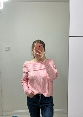 Pembe madonna yaka Triko Kadın Kazak - Görsel 3