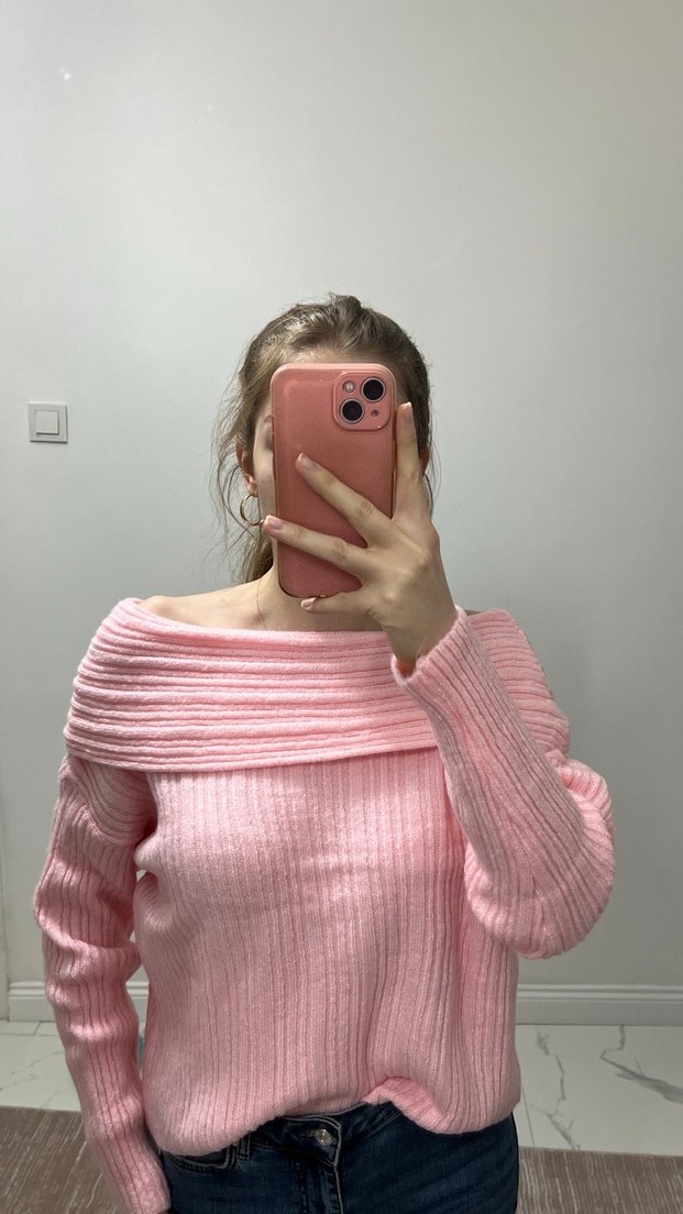 Pembe madonna yaka Triko Kadın Kazak - Görsel 2