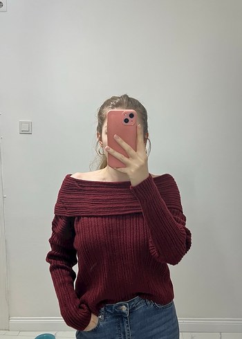 Bordo Madonna  Yakalı Kadın Triko Kazak - Görsel 3