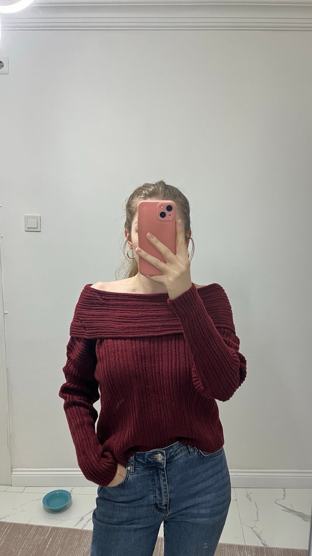 Bordo Madonna  Yakalı Kadın Triko Kazak - Görsel 3