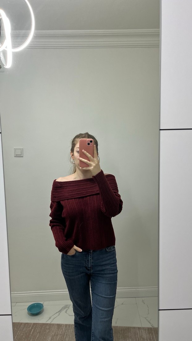 Bordo Madonna  Yakalı Kadın Triko Kazak - Görsel 2