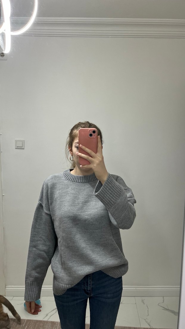 Gri Bisiklet Yaka Kadın Triko Kazak - Görsel 3