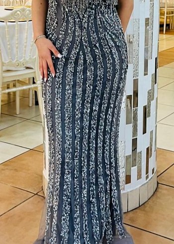 İşlemeli V Yaka Uzun Abiye Elbise - Görsel 4