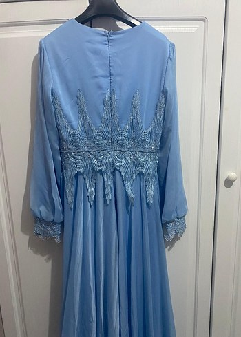 Mavi Uzun Kollu Nakışlı Pilili Abiye Elbise - Görsel 3