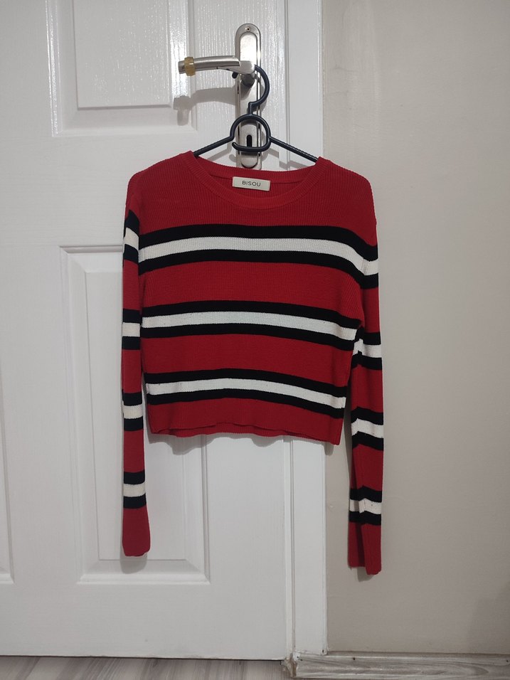 Kırmızı Çizgili Kadın Triko Kazak - Görsel 2