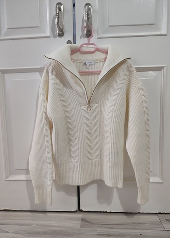 Beyaz Yarım Fermuarlı Örgü Kadın Kazak - Görsel 2