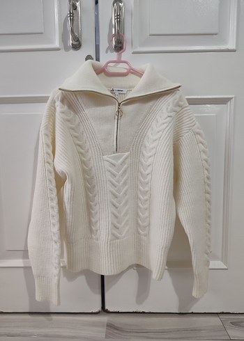 Beyaz Yarım Fermuarlı Örgü Kadın Kazak - Görsel 3