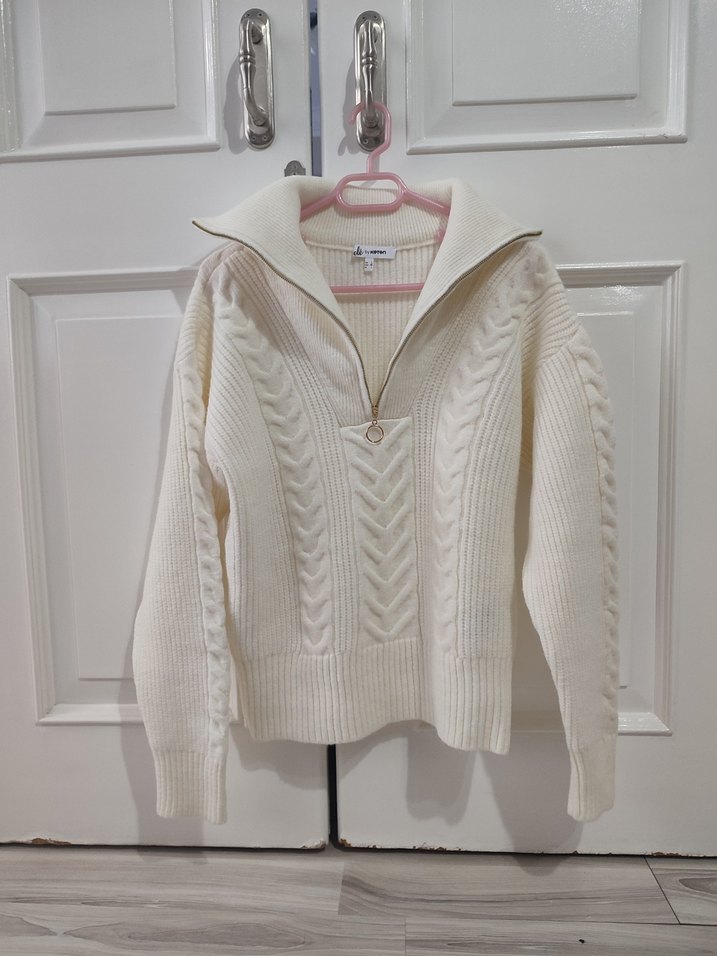 Beyaz Yarım Fermuarlı Örgü Kadın Kazak - Görsel 2