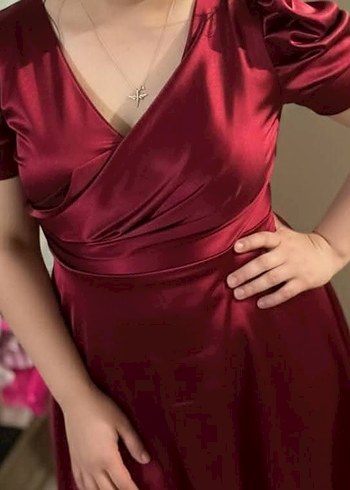 Bordo Drapeli V Yaka Uzun Abiye Elbise - Görsel 2