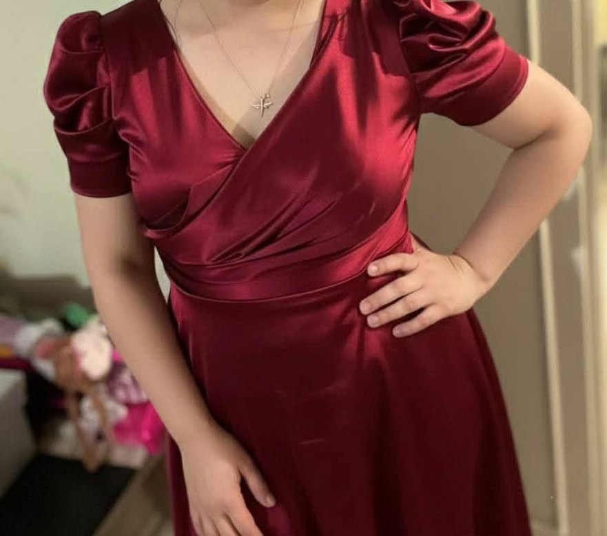 Bordo Drapeli V Yaka Uzun Abiye Elbise - Görsel 2