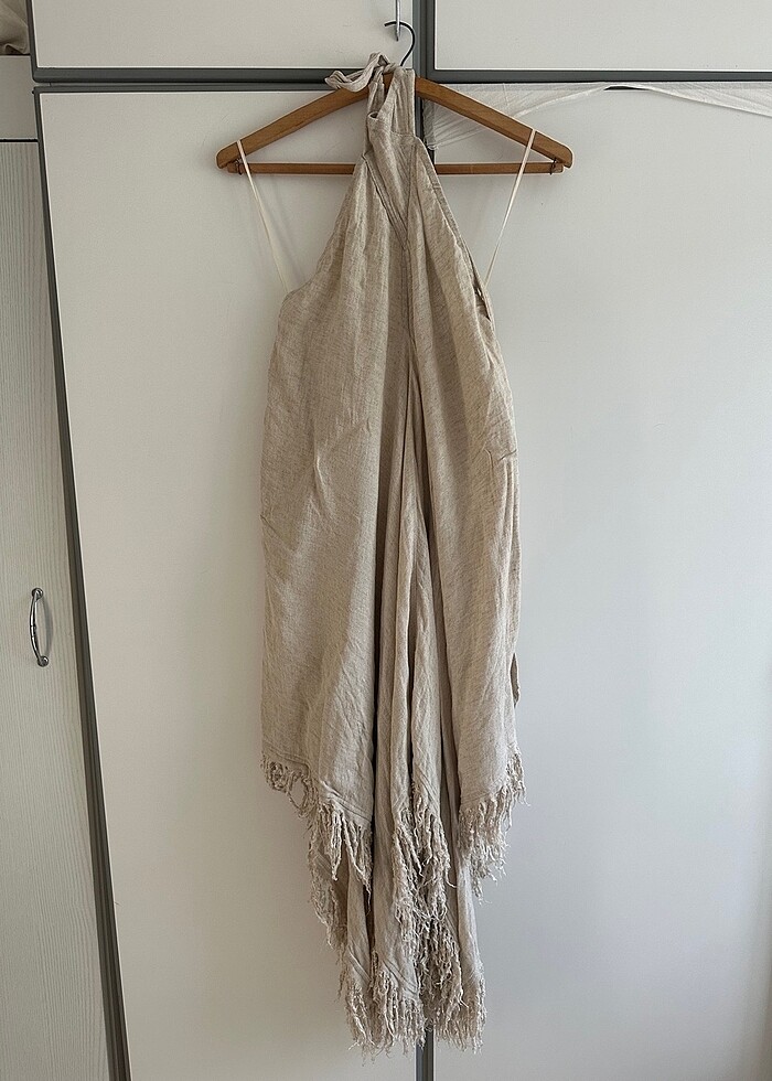 Keten boyundan bağlamalı elbise - Görsel 2