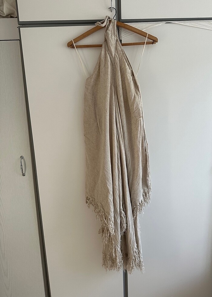 Keten boyundan bağlamalı elbise - Görsel 4