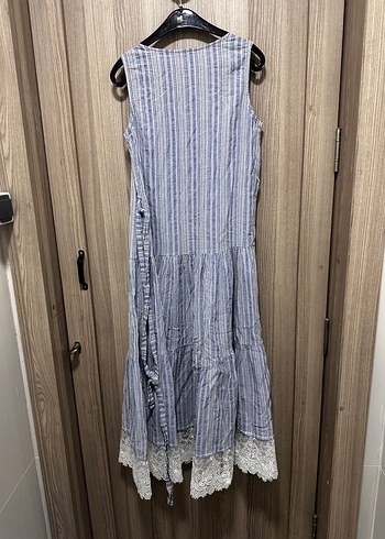 Mavi uzun keten salaş elbise - Görsel 8