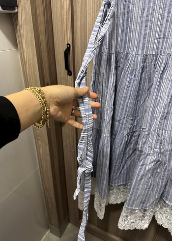 Mavi uzun keten salaş elbise - Görsel 7