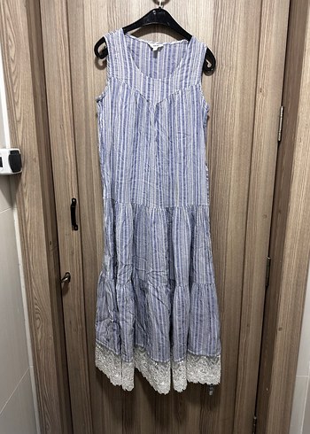 Mavi uzun keten salaş elbise - Görsel 4