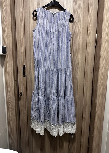 Mavi uzun keten salaş elbise - Görsel 10