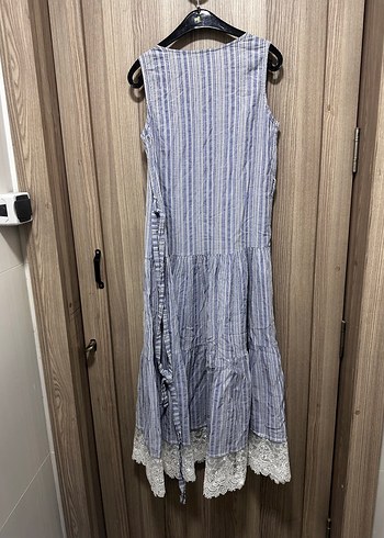 Mavi uzun keten salaş elbise - Görsel 5