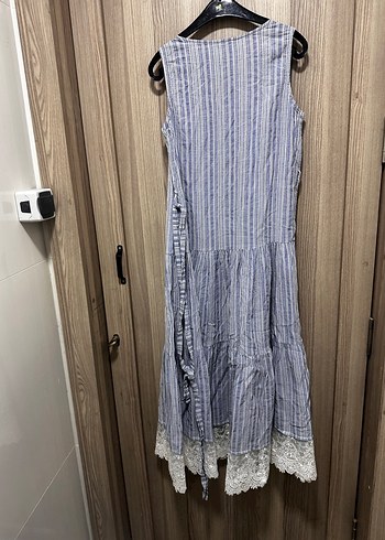 Mavi uzun keten salaş elbise - Görsel 3