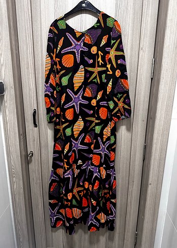 Renkli Deniz Temalı Uzun Kollu Uzun Elbise - Görsel 5