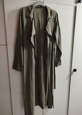 haki Uzun Kesim Kadın Keten Trençkot - Görsel 2