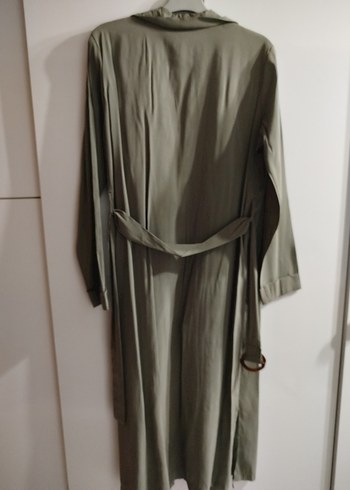 haki Uzun Kesim Kadın Keten Trençkot - Görsel 4