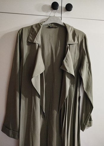 haki Uzun Kesim Kadın Keten Trençkot - Görsel 3