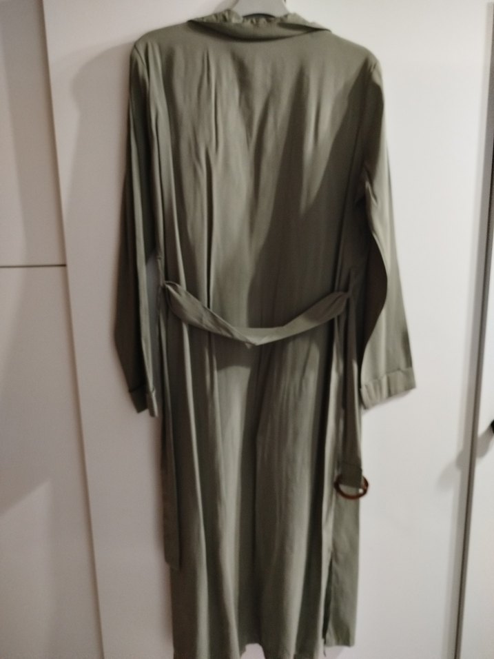 haki Uzun Kesim Kadın Keten Trençkot - Görsel 4