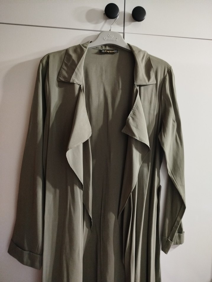 haki Uzun Kesim Kadın Keten Trençkot - Görsel 3