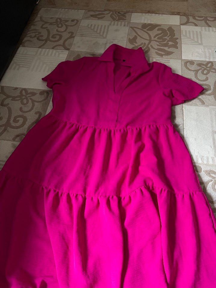 Fuşya V Yaka Salaş Elbise - Görsel 2